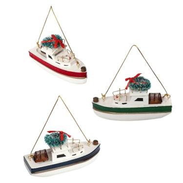 Imagem de NAUTIMALL Enfeites de barco lagosta pendurados de Natal, decorações de navio náutico de madeira de 10 cm, branco e vermelho/verde/marinho, conjunto de 3, decoração de veleiro