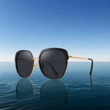 Imagem de Óculos de sol femininos vintage com armação de escudo grande para mulheres com caixa de presente, Armação preta/lente preta/hastes douradas, Lens Width: 55 Millimeters