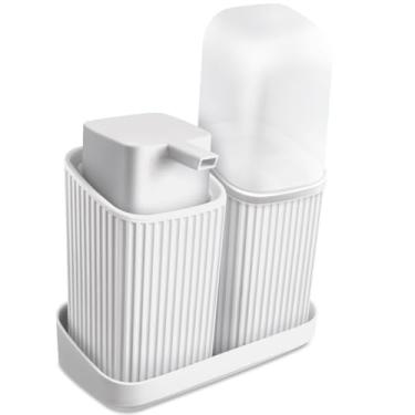 Imagem de Kit Banheiro Peças Completo - Porta Sabonete Líquido, Porta Escova e Bandeja | Conjunto Organizador para Lavabo(Branco)