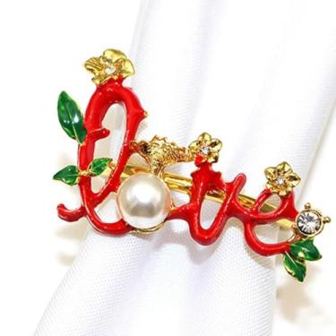 Imagem de 1 porta-guardanapos de liga vermelha decorado com pérolas artificiais para guardanapos de Natal, um acessório de mesa de jantar elegante para jantares de Natal e decorações de festa