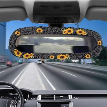 Imagem de Girassol Leopardo Auto Espelho Retrovisor Protetor Interior do Carro Capa Feminina Decoração Interior de Carro Faixa Elástica para Carros SUVs Vans Sedans
