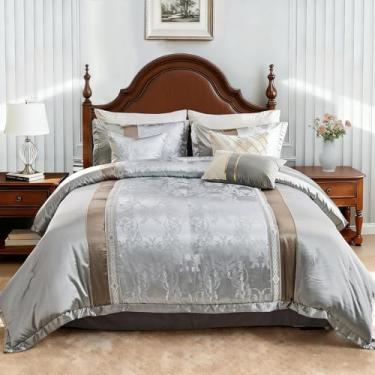 Imagem de Quilta Conjunto de edredom King, 7 peças, luxuoso, com tecido jacquard, cama de alta qualidade para todas as estações em uma bolsa com 1 saia, 2 fronhas, 3 travesseiros decorativos, cinza