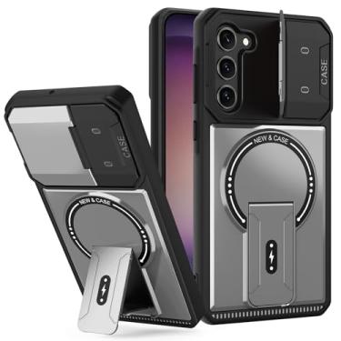 Imagem de Capa para Samsung Galaxy S23 com capa para câmera, capa magnética para celular com suporte, capa resistente à prova de choque com suporte, carteira embutida para cartão para Samsung S23 5G cinza
