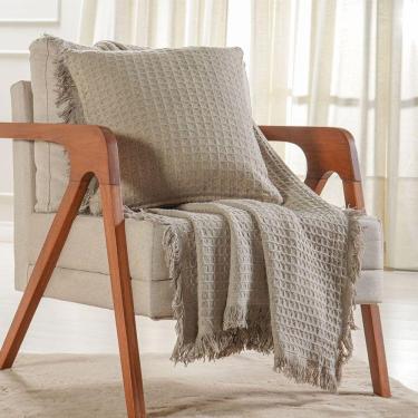 Imagem de Kit Manta E 2 Almofada Decorativa Para Sofá Waffle 100% Algodão 120x150cm Cashmere
