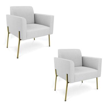 Imagem de Poltrona Pé De Ferro Dourado Para Escritório Kit 2 Marisa Linho D03 Cinza