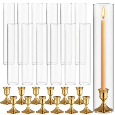 Imagem de Teenyyou Conjunto de 12 castiçais de vidro Hurricane de 30 cm em formato de tubo sem fundo e castiçais dourados cônicos de 3,3 cm para mesa de festa de casamento