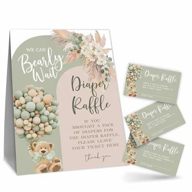 Imagem de Boho Shower Diaper Raffle Game Kit - Bear & Balloons 1 Standing Sign & 50 Tickets, Gender Reveal, Baby Announcement (Green) - B01