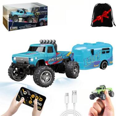 Imagem de Mini RC Monster Truck, escala 1/64, com luzes, controle remoto, azul -