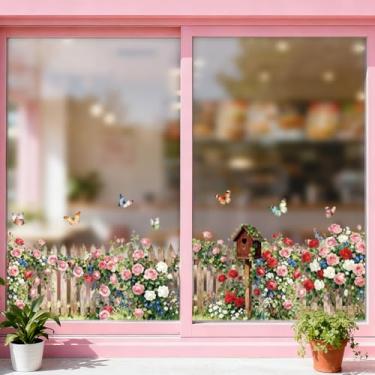 Imagem de ANATTASOUL Adesivos de janela estática rosas e cerca 1 folha reutilizável decalque de janela para vidro, 120 cm x 30 cm adesivo de janela dupla face removível para quarto, escritório, decoração de