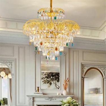 Imagem de Luminária pendente contemporânea de cristal LED, elegante e luxuosa, dourada, para sala de estar, restaurante, quarto, villa, hotel, duplex, escada (A D60CM)