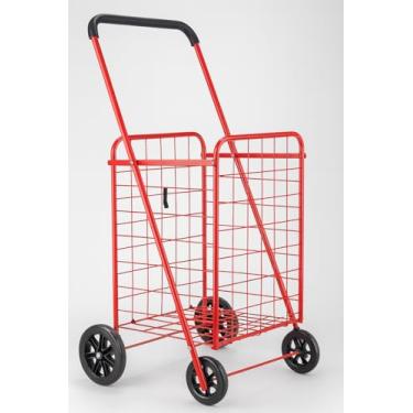 Imagem de J&V TEXTILES Carrinho de compras dobrável com cestas duplas, rodas giratórias de 360°, carrinho utilitário resistente para lavanderia e mercearia, capacidade de 50 kg (vermelho)