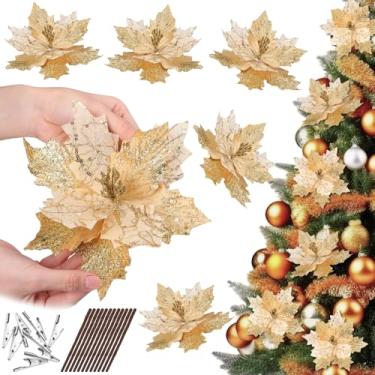 Imagem de Deekin 12 peças, poinsétia artificial de 21 cm, flor grande de Natal com clipes e palitos florais de 12 cm, decoração de árvore de Natal, enfeites de poinsétias falsas, faça você mesmo, guirlanda de