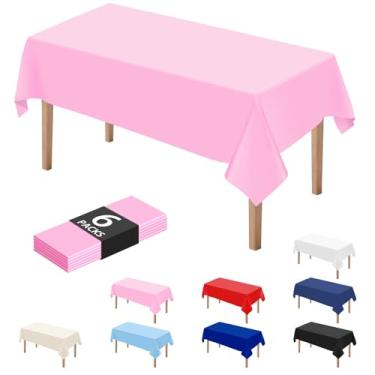 Imagem de DaiUni 6 peças de toalhas de mesa descartáveis de plástico rosa para festas 137 x 274 cm, toalhas de mesa retangulares de plástico para festas