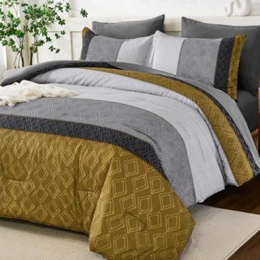 Imagem de Dinjoy Conjunto de edredom boêmio Queen, cinza, amarelo, 7 peças, tamanho queen, listrado, quente, cinza mostarda xadrez, conjunto de edredom de outono com lençol para família em todas as estações