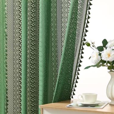 Imagem de Cortinas Boho Verde Esmeralda 182 cm de comprimento, 2 painéis, L 152 x C 182 cm, cortinas de renda transparente com listras geométricas de crochê com borlas bolso para varão privacidade cortina de