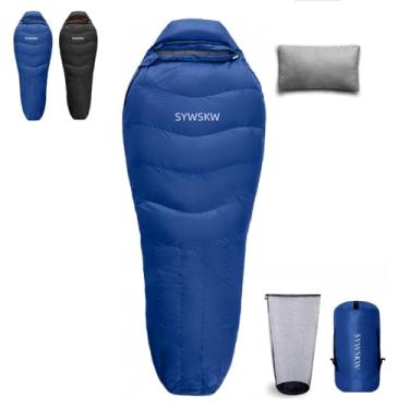 Imagem de SYWSKW Saco de dormir com travesseiro, leve e largo saco de dormir (220 cm x 85 cm) para adultos, mochilão, caminhada e acampamento ao ar livre com zíper bidirecional YKK, penas de pato 680FP (azul