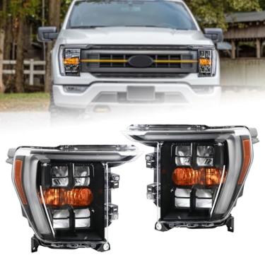Imagem de Duolctrams Par com refletor de LED quádruplo acabamento preto sem montagem de farol adaptável compatível com Ford F150 F-150 XLT/Lariat NL3Z-13008-K NL3Z-13008-J 2021-2023