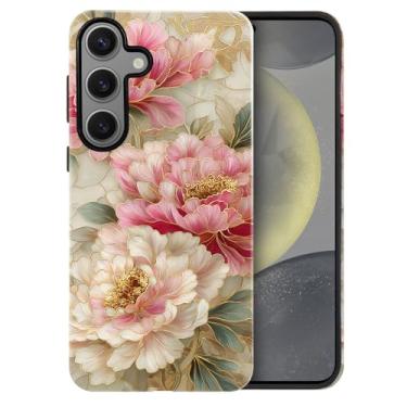 Imagem de heindiy Compatível com Samsung Galaxy S24 FE, capa brilhante proteção completa à prova de choque anti-arranhões capa de TPU, capas para homem mulher - estilo vintage peônia flores vitrais