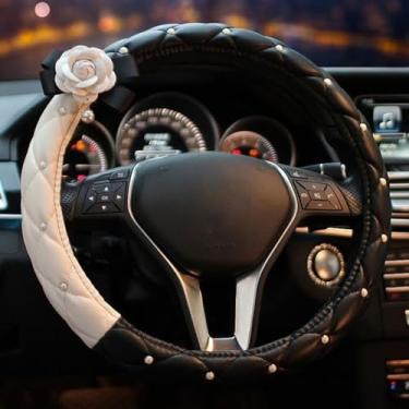 Imagem de Capa de volante de couro brilhante para mulheres, protetor de volante de carro, antiderrapante, ajuste universal, 36 cm - preto e branco com camélia branca