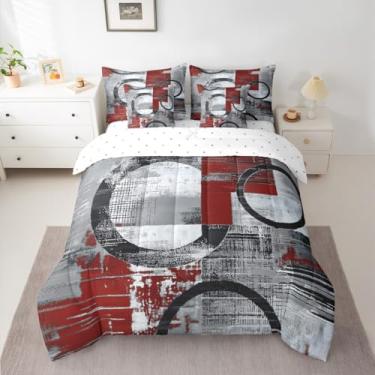 Imagem de Feelyou Conjunto de edredom abstrato com 7 peças, tamanho casal, arte abstrata, moderno, geométrico, decoração de quarto, vinho macio