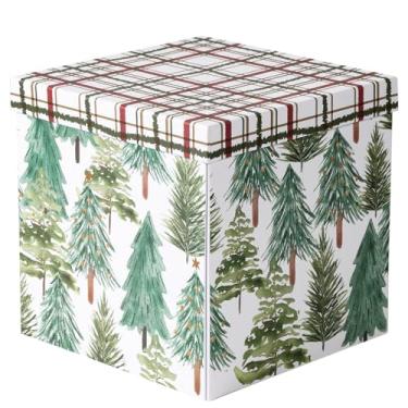 Imagem de RUSPEPA Caixa de presente de Natal com tampa, design de árvore de Natal em aquarela e tampa xadrez, caixa de férias média dobrável com fita e papel de seda para embrulho de presente, armazenamento de