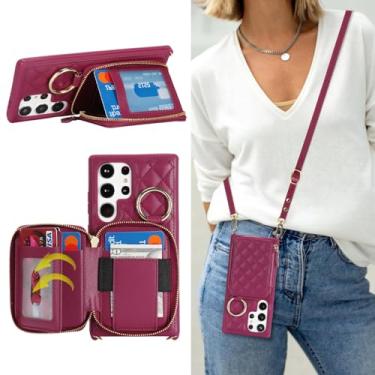 Imagem de Hamany Capa carteira transversal para Galaxy S24 Ultra, bolsa de mão de couro PU com zíper, capa flip, capa com suporte para cartões e alça de pulso - vermelho escuro