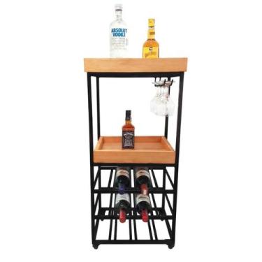 Imagem de Aparador Adega 2 Prateleiras com Rodinhas Ferro e Madeira Artesanal - 