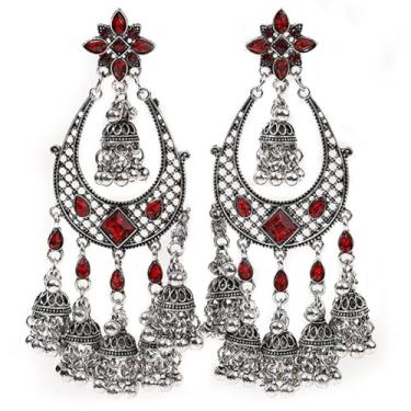 Imagem de Missgrace Brincos longos com pingente de strass indiano boho para mulheres, vintage, retrô, candelabro, cristal, jhumki, brincos de borla, verde, vermelho, preto, para mulheres, One Size Fits All