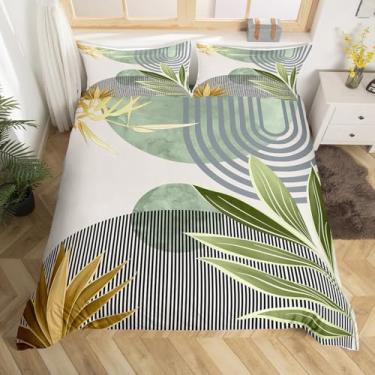 Imagem de Erosebridal Capa de edredom boêmio de meados do século Queen Size moderno, geométrico, minimalista, geométrico, abstrato, retrô, sol, estético, arco, curvas, folhas, conjunto de cama, verde dourado