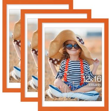 Imagem de Vittanly Conjunto de 3 porta-retratos de 30 x 40 cm, exiba imagens 28 x 35 cm com tapete ou 30 x 40 cm sem tapete para montagem na parede, molduras para decoração de casa, madeira projetada, laranja