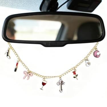 Imagem de Amuleto de espelho retrovisor para carro dourado acessórios de pendurar com batom cruz vinho rosa laço rosa, acessórios de carros cristãos para mulheres, pingente de cruz automática, decoração de fé