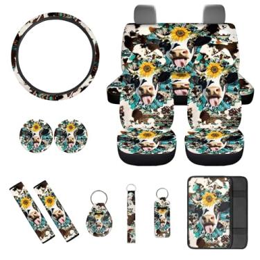 Imagem de gearider Capas de assento de carro de vaca banco dividido dianteiro traseiro conjunto completo almofadas de cinto de segurança de volante almofada apoio de braço porta-copos astecas do sudoeste