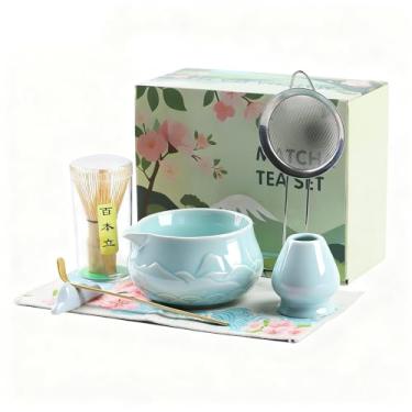 Imagem de SEEYAURO Conjunto de batedor Matcha - Conjunto de 7 peças japonesas Matcha com tigela Matcha, batedor de bambu, suporte de batedor, colher, toalha e peneira - perfeito para cerimônias de chá e amantes