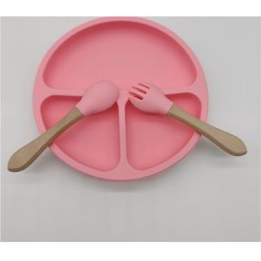 Imagem de Prato Infantil de Silicone Rosa com 3 Compartimentos, Livre de BPA, Seguro para Lava-Louças, com Talheres de Madeira, para Introdução Alimentar