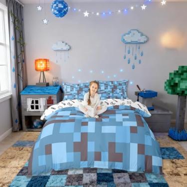 Imagem de Conjunto de capa de edredom infantil Pixel Grid Miners, tamanho Queen, jogo de cama reversível para videogames, meninas, meninos, decoração de quarto geométrico, camuflagem do exército, capa de colcha