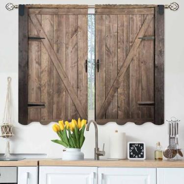 Imagem de Gpiaoyfo Cortinas de cozinha rústicas madeira madeira estilo casa banco placa de madeira porta cortinas de camada curta para banheiro café pequenas cortinas de janela tratamento 2 painéis (27,5 x 39