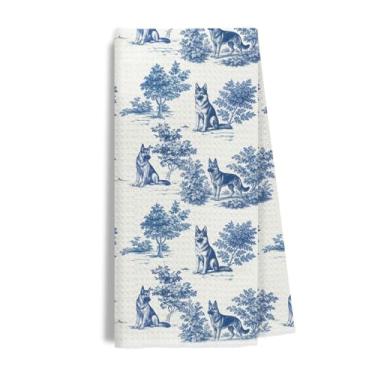 Imagem de Evcprz Toalhas de cozinha para presentes de pastor alemão, presentes para amantes de pastor alemão, toalha de chá para cozinha, toalhas de mão decorativas de dono de cachorro GSD azul e branco para