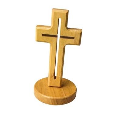 Imagem de Bothyi Cruz de mesa decorativa em madeira com suporte, compacta e elegante, ideal para decoração religiosa em casamentos, armários e mesas, Base Redonda Oca