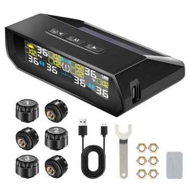 Imagem de KWANCHOO Sistema de monitoramento de pressão de pneu TPMS solar – 4 sensores externos + monitor LCD de energia dupla solar e USB – Alarme TPMS em tempo real, exibição de temperatura interna – (preto