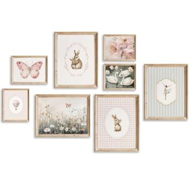 Imagem de Arte de parede de berçário rosa estilo vintage decoração de parede de quarto de bebê meninas lindo coelho coelho cisne impressão borboleta rosa pintura floral pastel arte para quarto de meninas 20 x