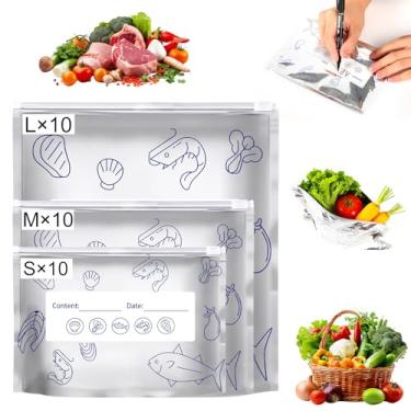 Imagem de 30 sacos de armazenamento reutilizáveis de folha de alumínio seláveis, bolsas de zíper a vácuo resseláveis, sacos seláveis com etiqueta e fecho de zíper, sacos de alumínio para alimentos, carne de