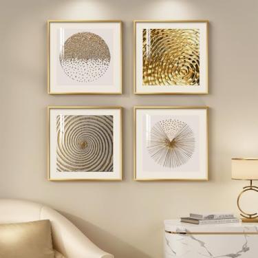Imagem de Arte de parede abstrata emoldurada para sala de estar, 4 peças modernas minimalistas em tela geométrica branca e dourada, decoração de parede contemporânea de luxo para quarto, escritório, sala de