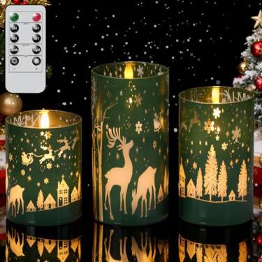Imagem de Wondise Velas de LED sem chama de rena de Natal com temporizador remoto, vidro galvanizado operado por pilar de cera real cintilante 3D para decoração de casa de Natal