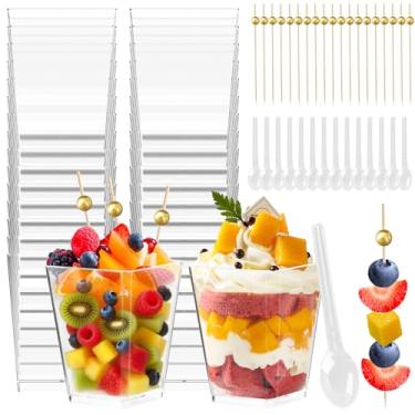 Imagem de Kosotody 150 peças de copos de sobremesa de 142 g com colheres de palitos de coquetel, copos quadrados de aperitivo mini mini copos de servir de festa para aperitivos de festa, pudim, iogurte, sorvete
