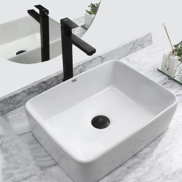 Imagem de Kit Cuba Pia Louça Cerâmica Banheiro C/ Torn e Vál Preta S17