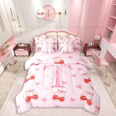 Imagem de Conjunto de cama solteiro com letra T, 7 peças, com laço kawaii, monograma, estilo princesa, inclui edredom, conjunto de lençol, fronhas e fronhas, decoração de quarto de coração fofo para amantes de