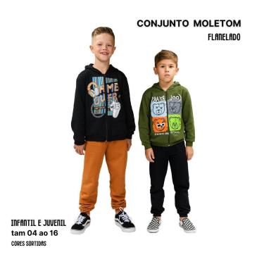Imagem de Conjunto Moletom Juvenil Masculino Blusa e Calça Flanelado Agasalho Menino Capuz Ziper Punho-Feminino