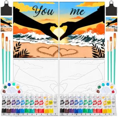 Imagem de Pacote com 2 kits de sorvete e pintura para adultos, kit de pintura para casais à noite, tela pré-desenhada 8 × 10 para pintar para adultos, materiais de pintura para festas noturnas (Sunset Heart)