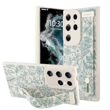 Imagem de OOK Capa de telefone compatível com Samsung Galaxy S22 Ultra Silicone com alça, linda estampa floral floral para mulheres e meninas, alça de dedo ajustável, capa protetora fina, flor de sálvia branca