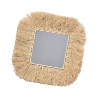 Imagem de IEUDNS Espelho de parede Espelho de maquiagem Espelho de palha trançada para presente Espelho Boho para entrada, decoração de casa, quarto, casa de fazenda, Quadrado